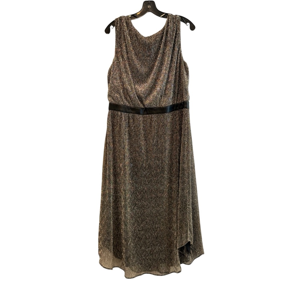 Chico’s Empire Metallic Pleated Splitback Sleeveless Dress Black‎ Gold Size 2